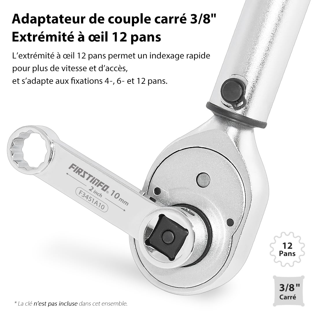 FIRSTINFO Jeu d'Adaptateurs de Couple 3/8 Pouce, 10 Pièces Métriques 10-19 mm, Clés à Œil 12 Pans en Acier Chrome-Vanadium avec Coffret EVA F3451A