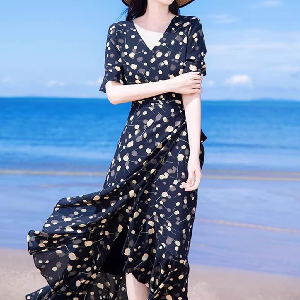 Elegante Abito Estivo con Stampa Floreale, Abito da Spiaggia Casual Irregolare per Le Vacanze, Scollo A V Design