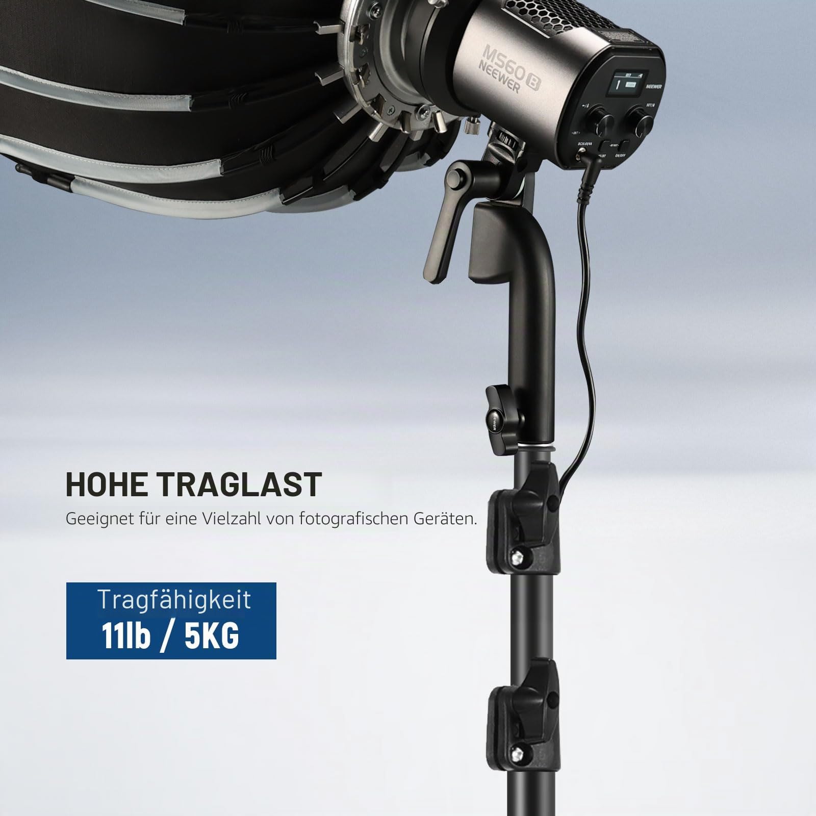 NEEWER Lichtstativ mit 180° umkehrbaren Beinen, 178cm tragbares Reisestativ 1/4" Schraube und 5/8" Bolzen, Light Stand für Innen und Außenfotografie Speedlite Blitz Ringlicht Softbox, ST178B, Schwarz