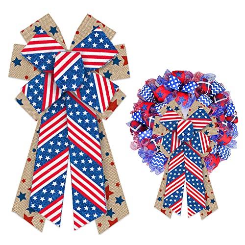 ALIBBON Large Patriotic Bows for Wreath, 4th of July Wreath Bows, Glitter Stars Stripes Wreath Bows for Front Door, 4th of July Decor, Independence Day Burlap Bows for Wreath Indoor Outdoor Decoration