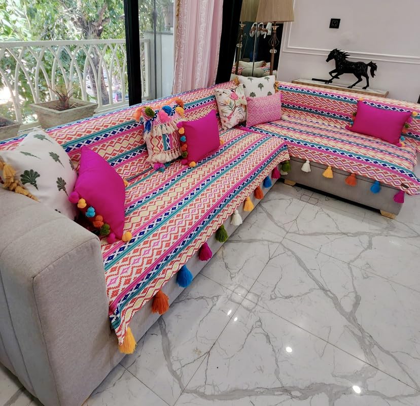 Image of Rainbow Aztech Tassel Sofa Cover:Sofa Protector:Heavy Weight Performance Fabric, AntiSlip, Scratch Resistant:Seat Protection -Set of 3 Seat Covers- L Shape (2 Seater + Lounger + Ottoman)