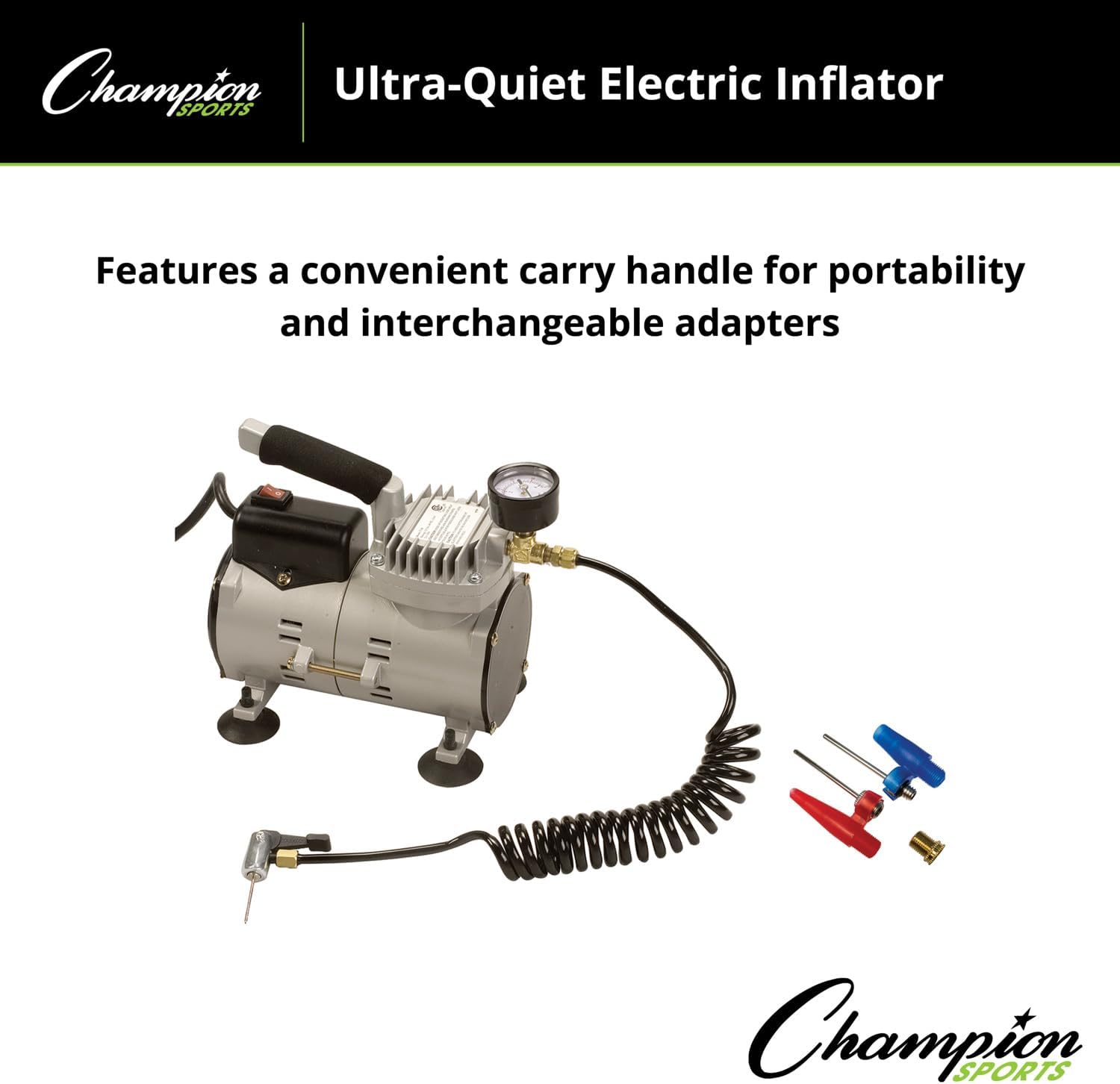Champion Sports Electric Ball Inflator with Needle - Quiet Air Compressor for Basketball, Soccer, Volleyball Sports Balls, High PSI Rating, Fast Inflation, 110-120V AC Power for Gym School Use Champion Sports Electric Ball Inflator with Needle - Quiet Air Compressor for Basketball, Soccer, Volleyball Sports Balls, High PSI Rating, Fast Inflation, 110-120V AC Power for Gym School Use