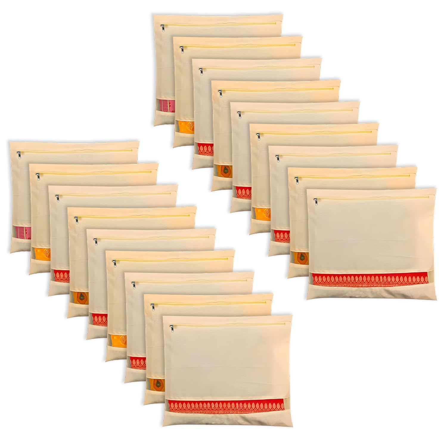 VEDANTIKA Cotton Saree Covers for Storage Pack of 18 Big Size 16×14 Inch Saree Bags with Zip Transparent Mesh Window Saree Organizer for Wardrobe Clothes Storage Bags - Beige