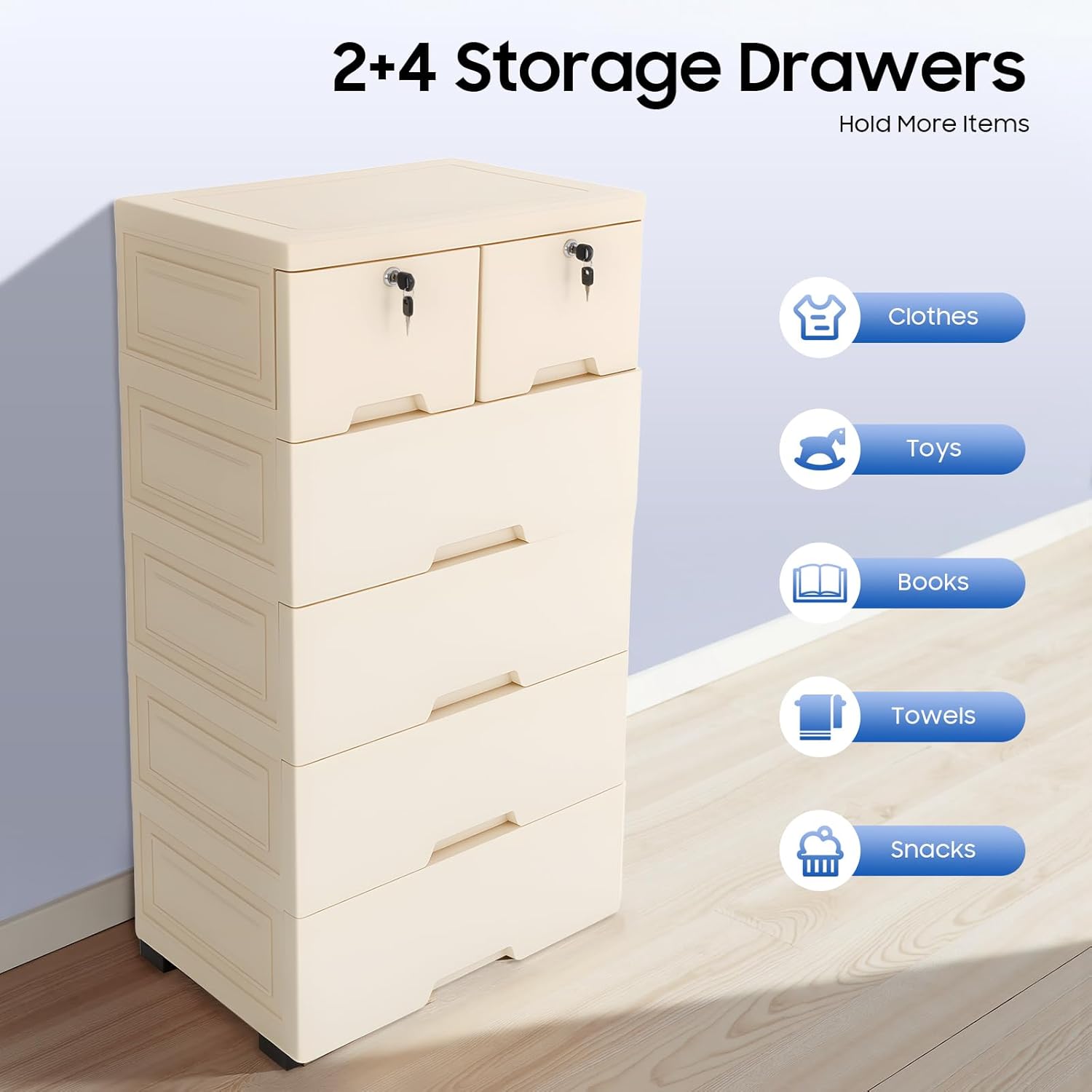 Plastic Drawers Dresser, 5 Layers Storage Cabinet with 6 Drawers,Closet Drawers Plastic Tall Dresser Organizer with 4 Wheels for Clothes, Playroom, Bedroom Furniture (Off White)