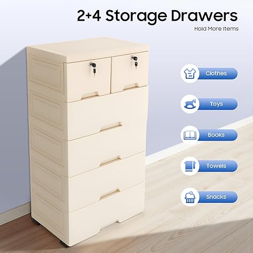 Miniatura 2 de Cómoda de cajones de plástico, armario de almacenamiento con 6 cajones, organizador alto para ropa, sala de juegos, muebles de dormitorio, 5 ruedas,