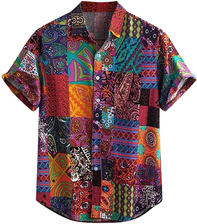 Mens Casual Ethnic Short Sleeve Shirts Beach Cotton Linen Printing Hawaiian Tee Henly Collar Top Shirt Blouse