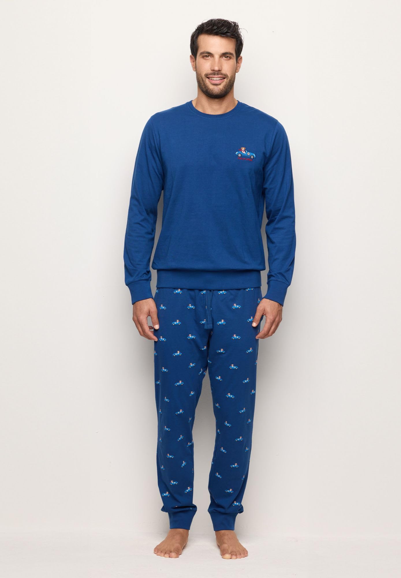YAMAMAY - Pigiama Lungo, Uomo, Blu, 100% Cotton, Jersey, Stampato