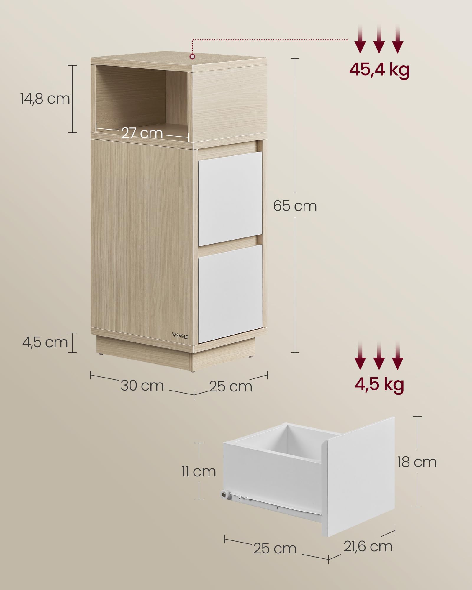 VASAGLE Kolekcja Kailyn - Wąski stolik nocny, zestaw 2 sztuk, stolik pomocniczy, 2 szuflady i otwarta komora, montaż po lewej lub prawej stronie, sypialnia, salon, naturalny beżowy i biała chmura