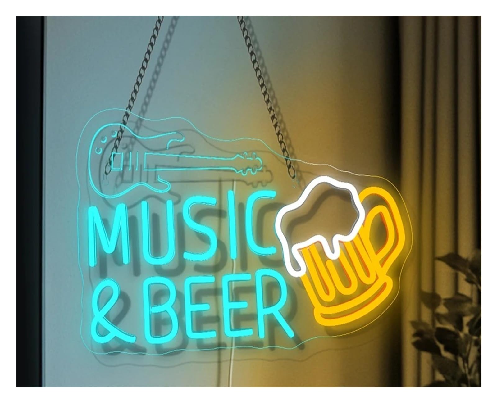 Insegna al Neon Insegna Al Neon Con Musica E Birra, Decorazione Estiva Da Parete Per Chitarra, Per Feste In Casa, Pub E Bae 41x28cm