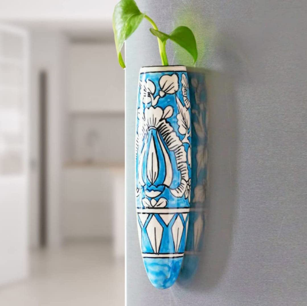 Kraftlik Handicrafts Ceramic Planter Pots for Refrigerator | Magnetic Planter for Fridge Indoor Wall Hanging Planter| Plant Pot | Handmade & Handpainted Flower Vase for Home Decoration(Oval)