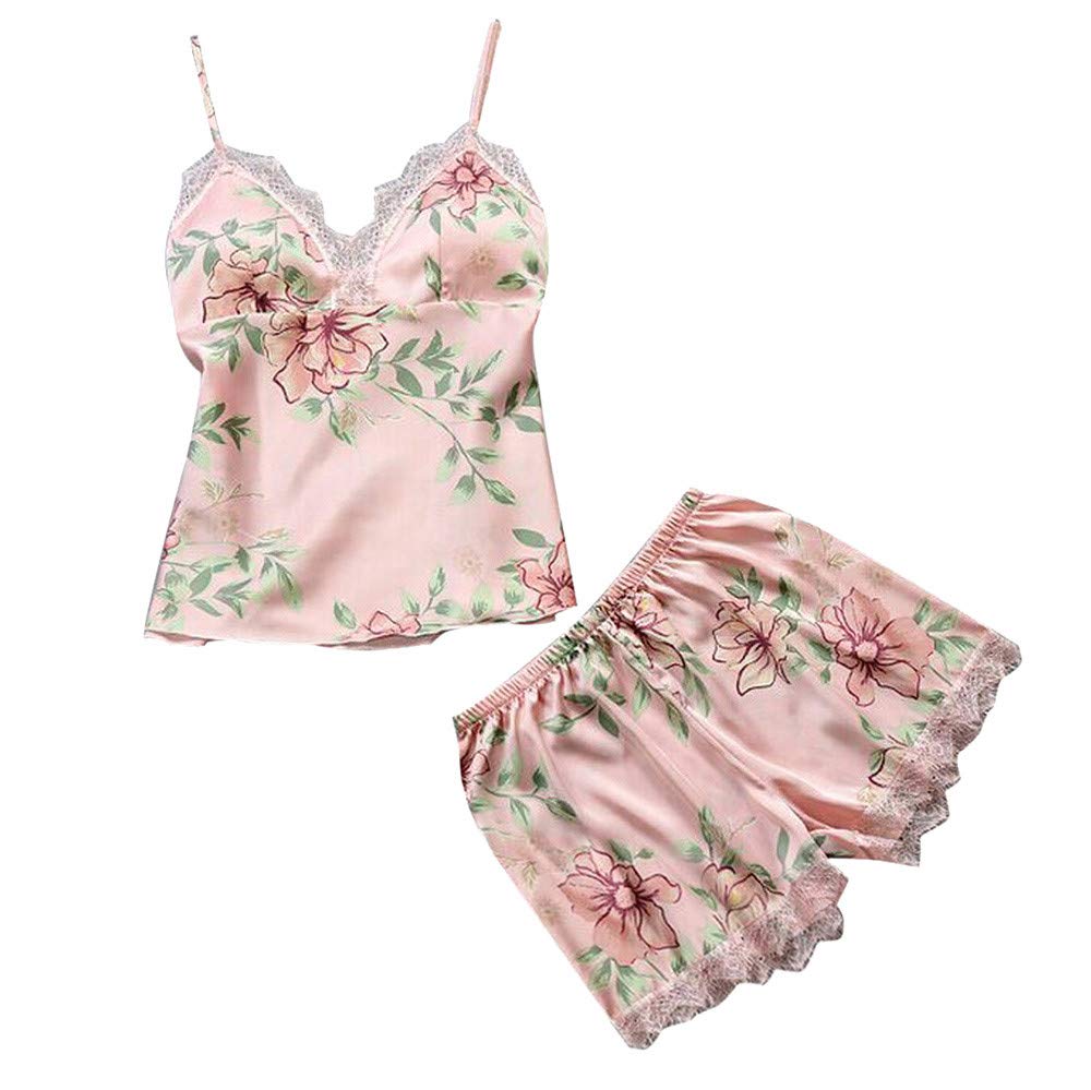 Clearance!Women's Pajama Set,Sunfei Women Floral Printed Sleepwear Satin Pajamas Set Lace Cami Shorts Nightwear