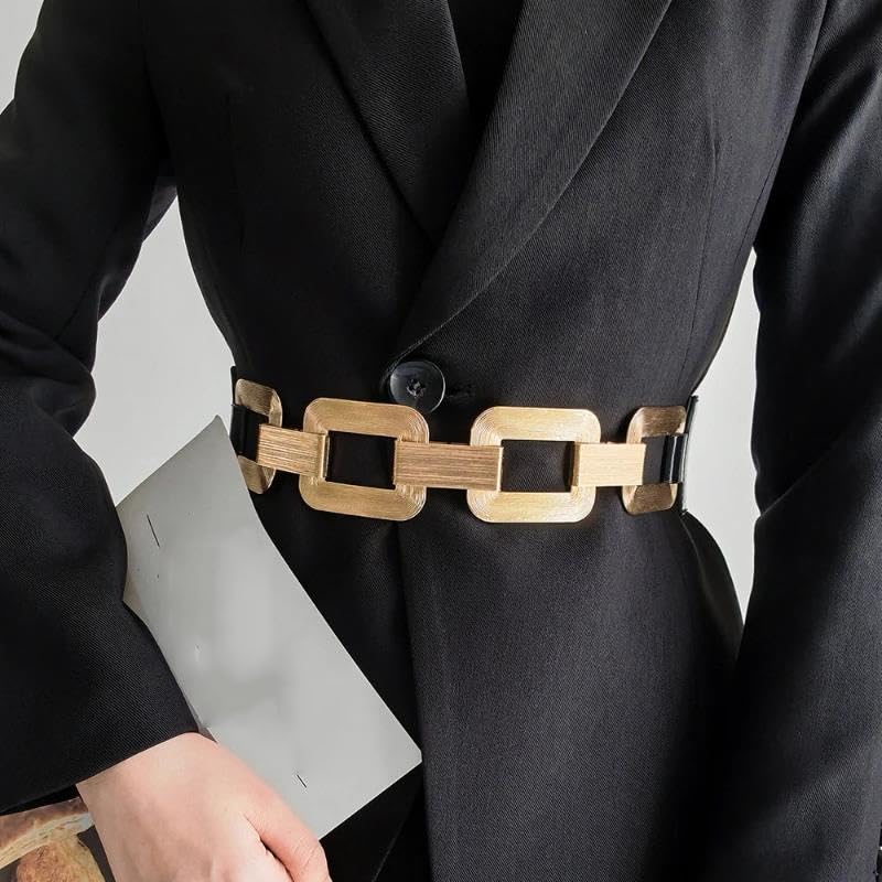 Pohullan Women Fashion Square Buckle Metal Waist Chain Dress Coat Sweater Decoration Belts2