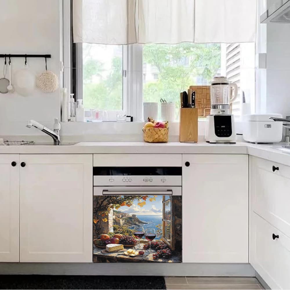 Red Wine Grape Window Seaview Kitchen Decoration Magnet Dishwasher Cover Retro Home Appliances Magnets Sticker Refrigerator Door Vinyl Decal (Mag503C10-1,23Wx17H Inches)