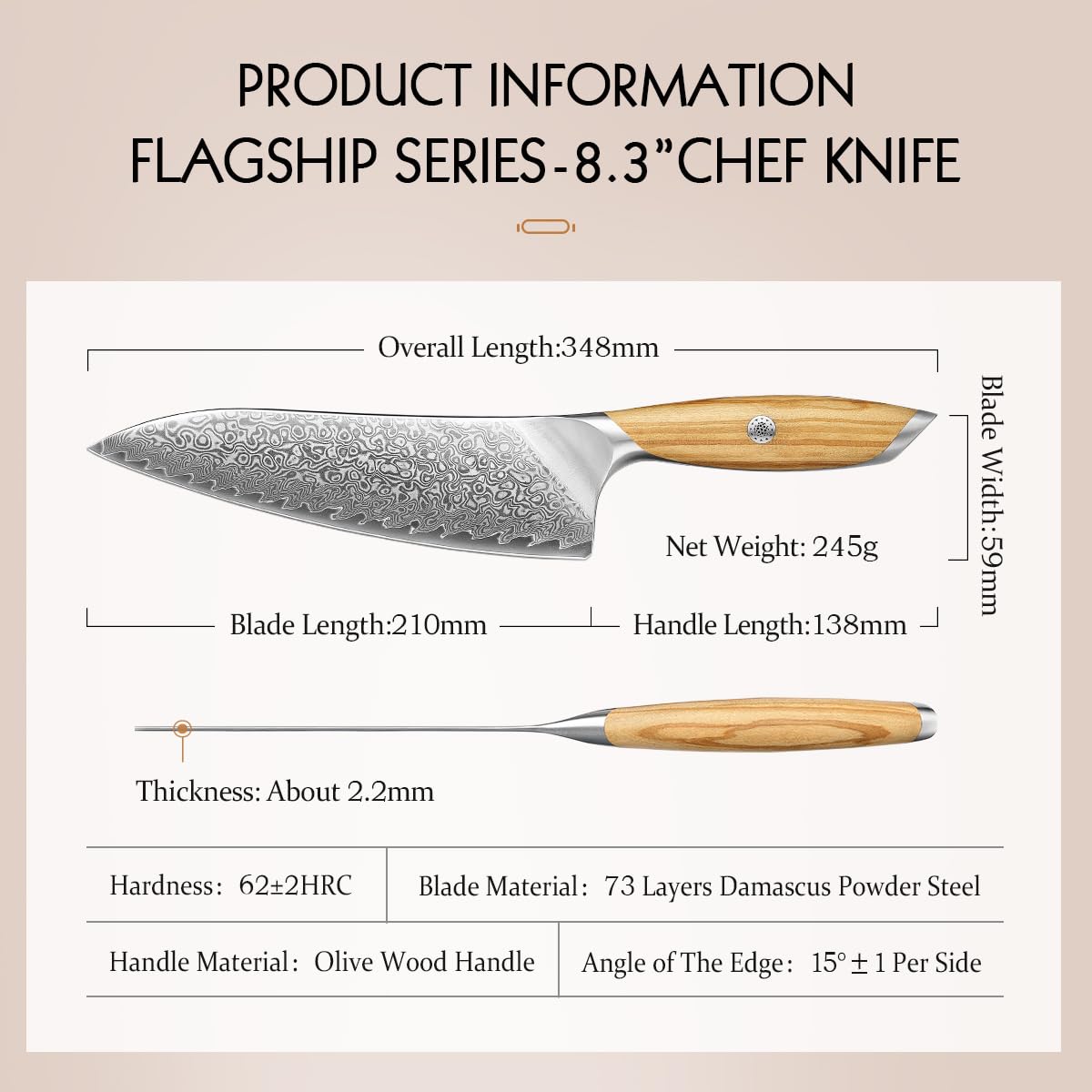 HEZHEN Cuchillo de Cocina Damasco, 21CM Cuchillo Chef de Acero Damasco de 73 Capas, Cuchillo de Cocinero Profesional Mango de Madera de Olivo