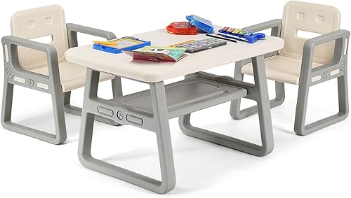 Costzon Juego de mesa y silla para niños, mesa de actividades para niños y 2 sillas con estante de almacenamiento para artes infantiles,