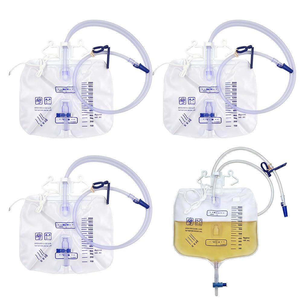 Katheterbeutel, 4 Stück Urindrainagesystem, 2000ML Urinbeutel mit T-Ablass, Anti Reflux Ventil und Schlauch, Urindrainagebeutel, Urinsammelbeutel Drainagebeutel