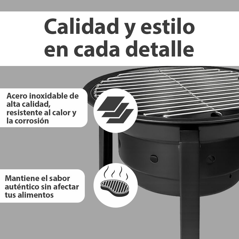 WEIDA Barbacoa de Carbón Portátil y Plegable con Bolsa Transportadora | Portátil de Acero Inoxidable | Barbacoa de Carbón Redonda 36cm | Pequeña Ideal para Camping, Terraza y Jardín