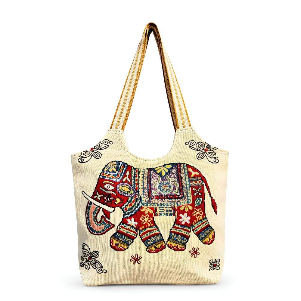 Canvas Tote Bag for Women with Elephant Woven Design, Dual Zip Compartments, Shoulder Handbag for Office, Shopping & Daily Use-image-42