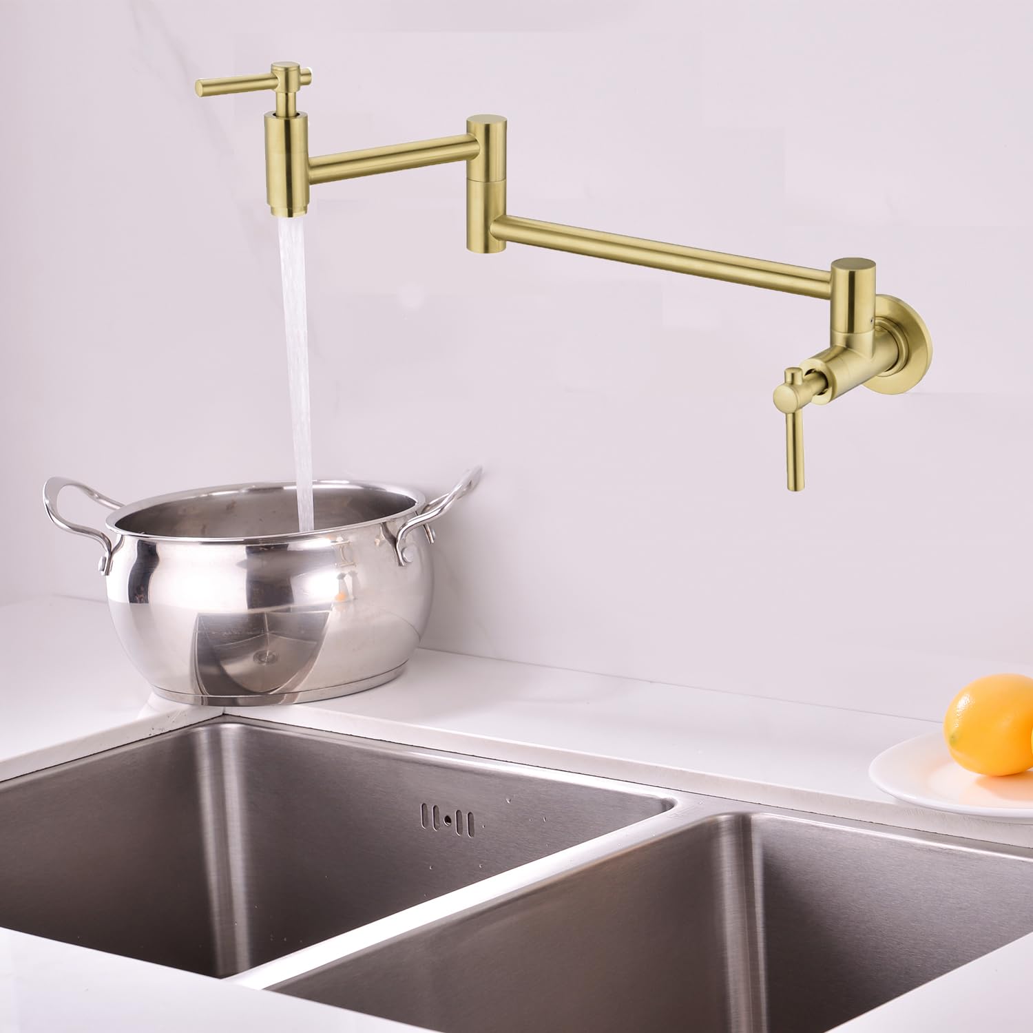 Grifo de llenado de ollas, montaje en pared, grifo de cocina plegable sobre estufa, asas dobles de un solo agujero, diseño elástico con brazos oscilantes de doble articulación, acero