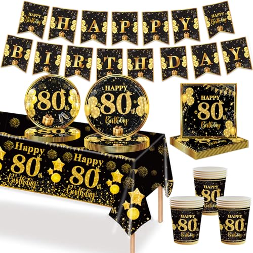 MORAINJAY Stoviglie Per Festa 80 Anni Compleanno, Set da 70 Pezzi Oro Nero, Piatti di Carta 80° Compleanno, Bicchieri, Tovaglioli, Striscione di Carta, Decorazioni Festa 80 Anni Compleanno