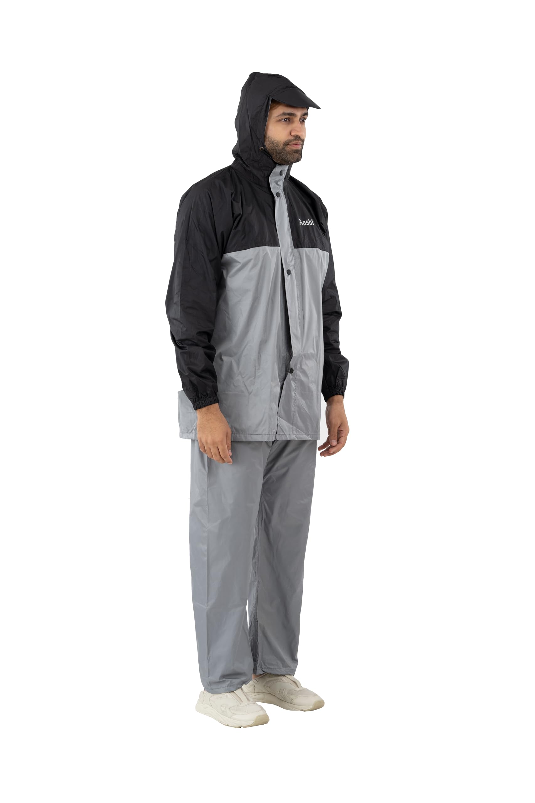 Raincoat 100% for Men Waterproof for Bike Riders with Adjustable Hood Along with Inner Pockets, Suit with Polyester Jacket,Pants Drawstring Bag(JS-312_XL_Grey&Black) Jacket and Pants 1
