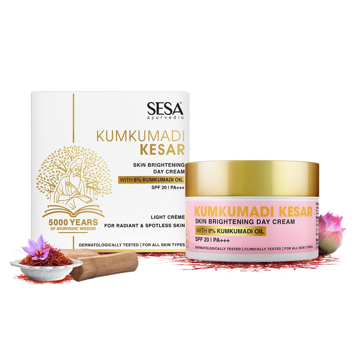 8% Kumkumadi Kesar Day Cream SPF 20 & PA++ Skin Brightening Ayurvedic Face Moisturizer Face Cream Sun Damage Hydrating with Saffron Lotus Sandalwood for Woman and Men, 50 gm or 1.69 oz 8% Kumkumadi Kesar Day Cream SPF 20 & PA++ Skin Brightening Ayurvedic Face Moisturizer Face Cream Sun Damage Hydrating with Saffron Lotus Sandalwood for Woman and Men, 50 gm or 1.69 oz