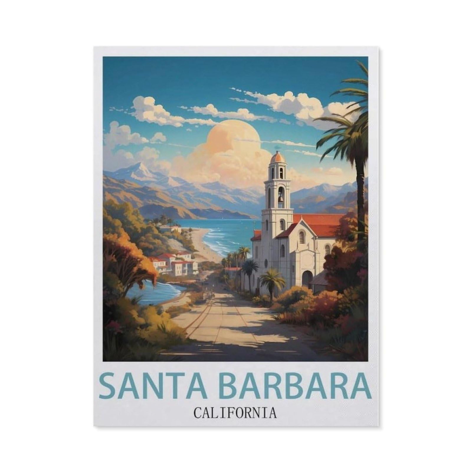 Beayodkp （30 X 40 Cm/11.81 X 15.74 Inches） Diy 5D Diamond Painting，Santa Barbara California Vintage Travel Poster，Round Diamond, Used For Room Decoration-Ch27