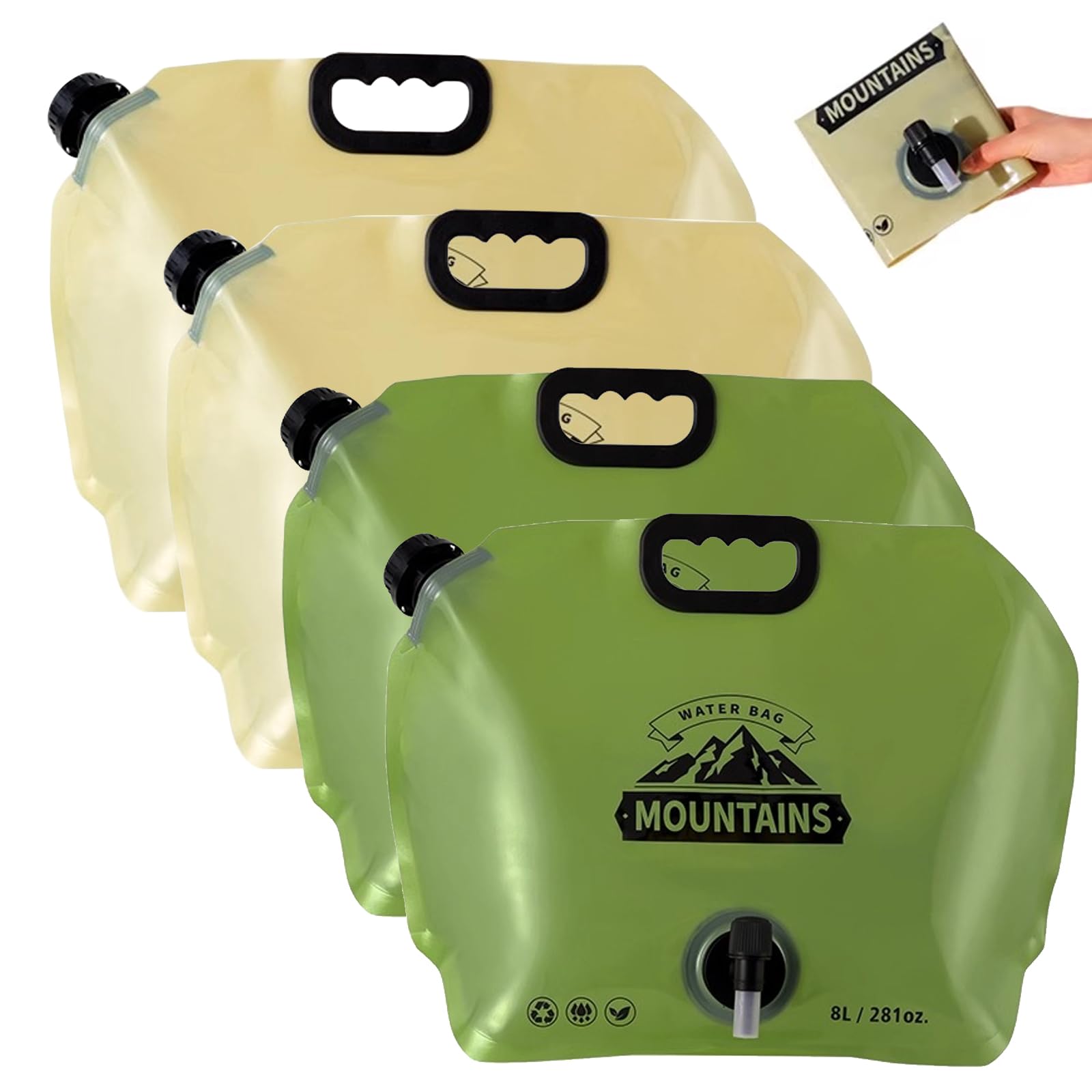 Lot de 4 bidons d'eau pliables de 8 l avec robinet, adaptés à un usage alimentaire, portable, bouteille d'eau pliable, sans BPA, pour le camping, la randonnée et le stockage de l'eau à la maison (vert