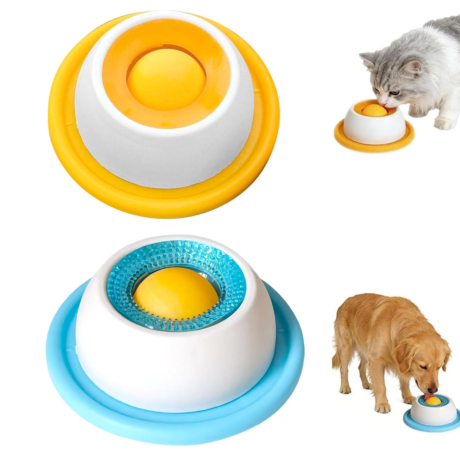 ZyxIon Schleckball Hund, 2Pcs Dog Licking Bowl, Leckspielzeug Hunds für Hunde und Katzen, Schleckball Hund Leckt Futternapf mit Integrierter Drehkugel (Blau + Gelb)