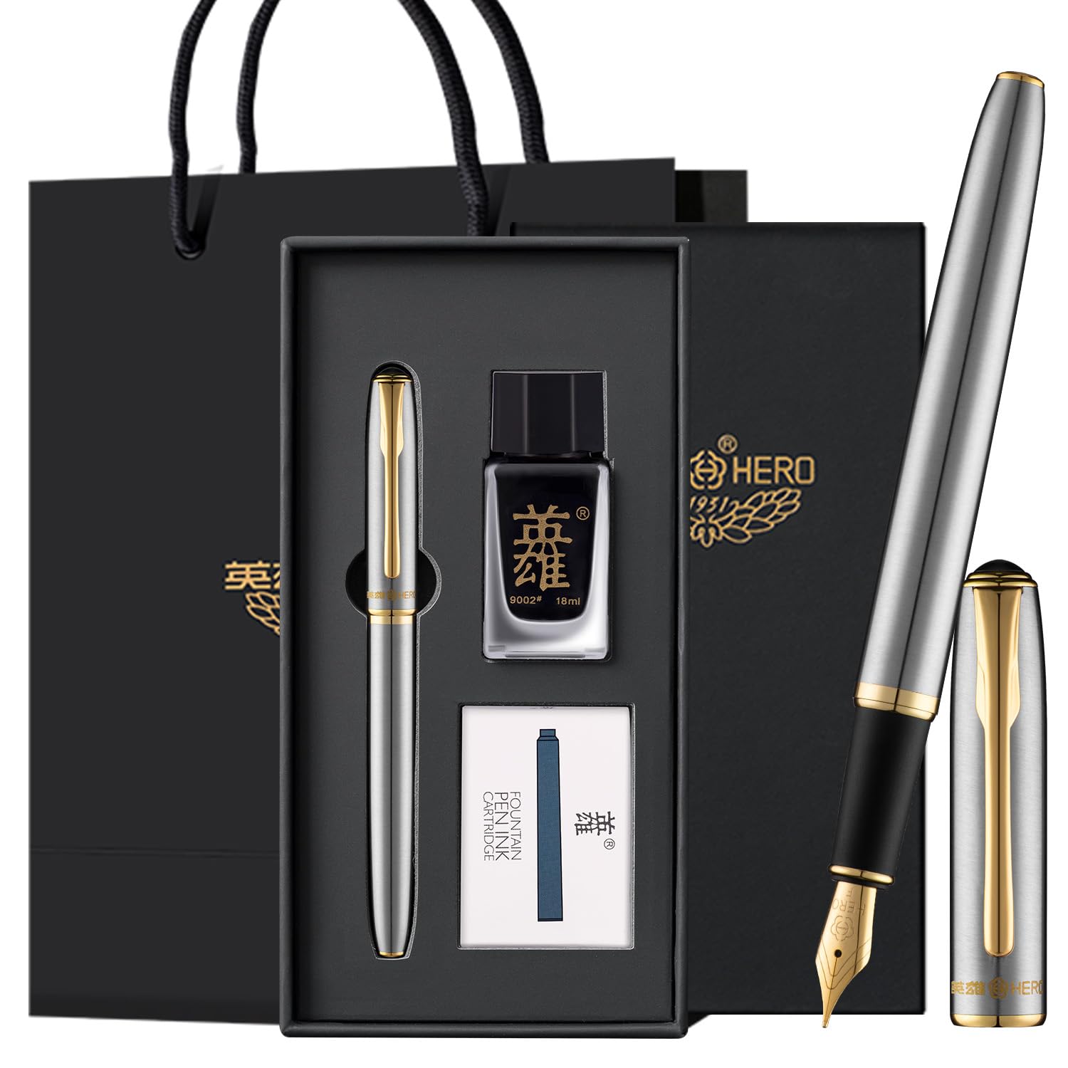 HERO Silver Fountain Pen, Medium Nib, Smooth Writing Pen Set with 5 Ink Cartridges & 18ml Ink Bottle, Luxury Gift Box, Perfect for Journaling, Calligraphy & Daily Writing
