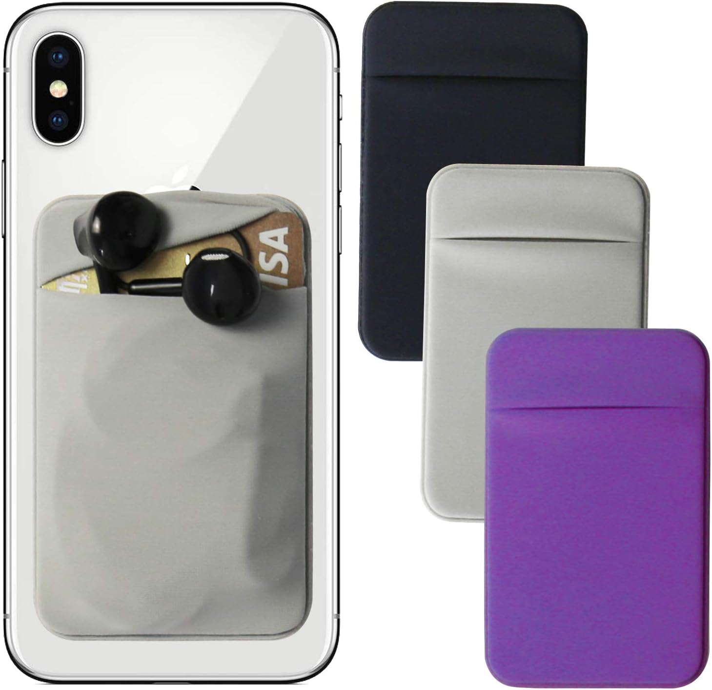 Cell Phone Stick on Wallet Card Holder,3 Pack Universal ID Credit Card Wallet Pocket Pouch Cash Slot,Strong Adhesive Slim Sticker for Android,iPhone,Smart Phone,Purple,Black,Gray