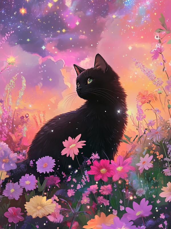 Bimkole 5D ダイヤモンドアート 夢の黒猫 ダイヤモンドアート キット 絵画 花 クロスステッチ フルドリル クリスタル ラインストーン 刺繍 DIY アート クラフト ホーム ウォールデコ 30x40 cm