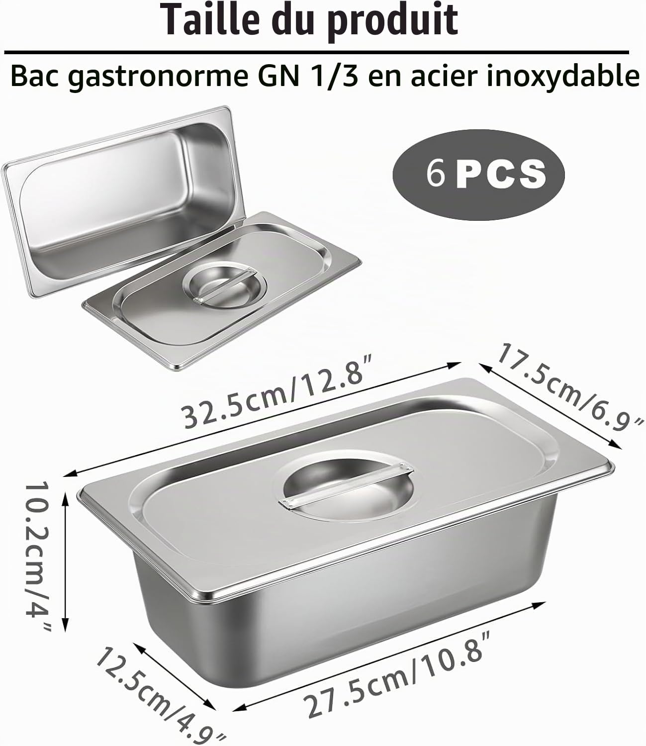 Lot de 6 Plat Inox avec Couvercle, GN 1/3 Bac avec Couvercle, 32,5 x 17,5 x 10 cm Bac Alimentaire Inox pour des Fours à Convection, des Chafing Dishes, des Réfrigérateurs
