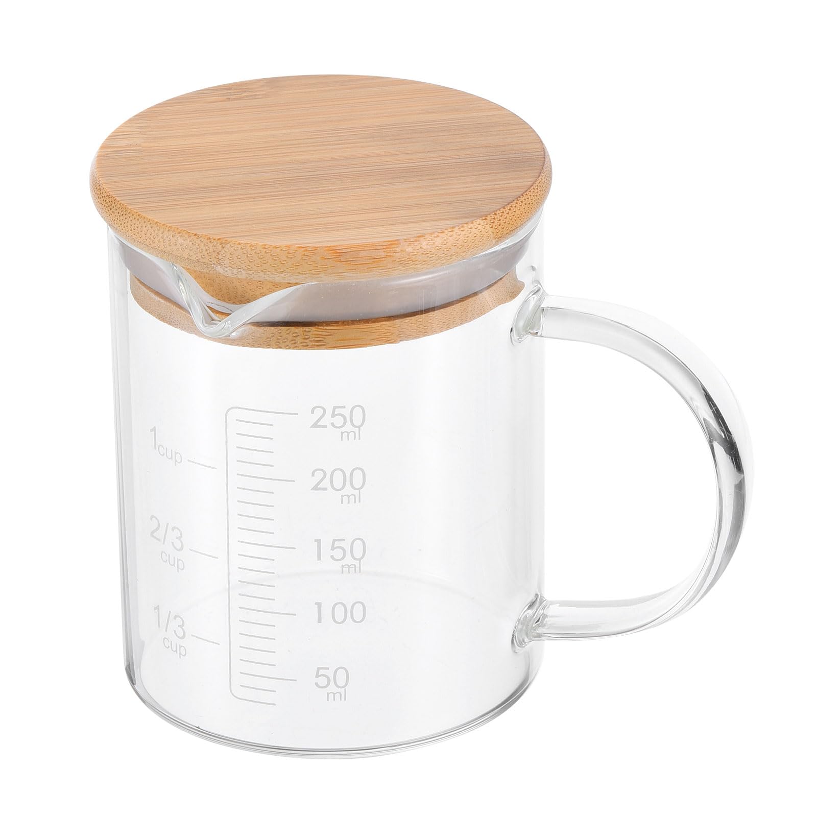 YOKIVE Glass Beaker with Wood Lid, Laboratory Use Liquid Measuring Cup, Great for Lab, Kitchen, Daily Use (Clear, White Scale, 250ML)