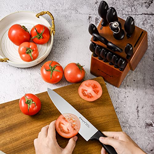 Knife Set 15-Piece Kitchen Knife Set With Sharpener Wooden Block And Serrated Steak Knives,Emojoy Germany High Carbon Stainless Steel Knife Block Set,Black #TOP4