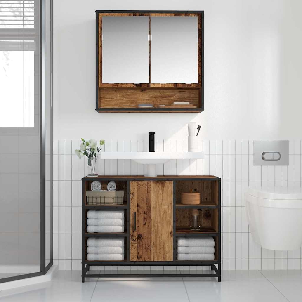 Scaffale da parete in legno anticato, 65 x 20 x 60 cm, con 3 ripiani e 2 ante, montaggio a parete per mobili da bagno e soggiorno, con ripiano e specchio, ideale come mobile sottolavabo