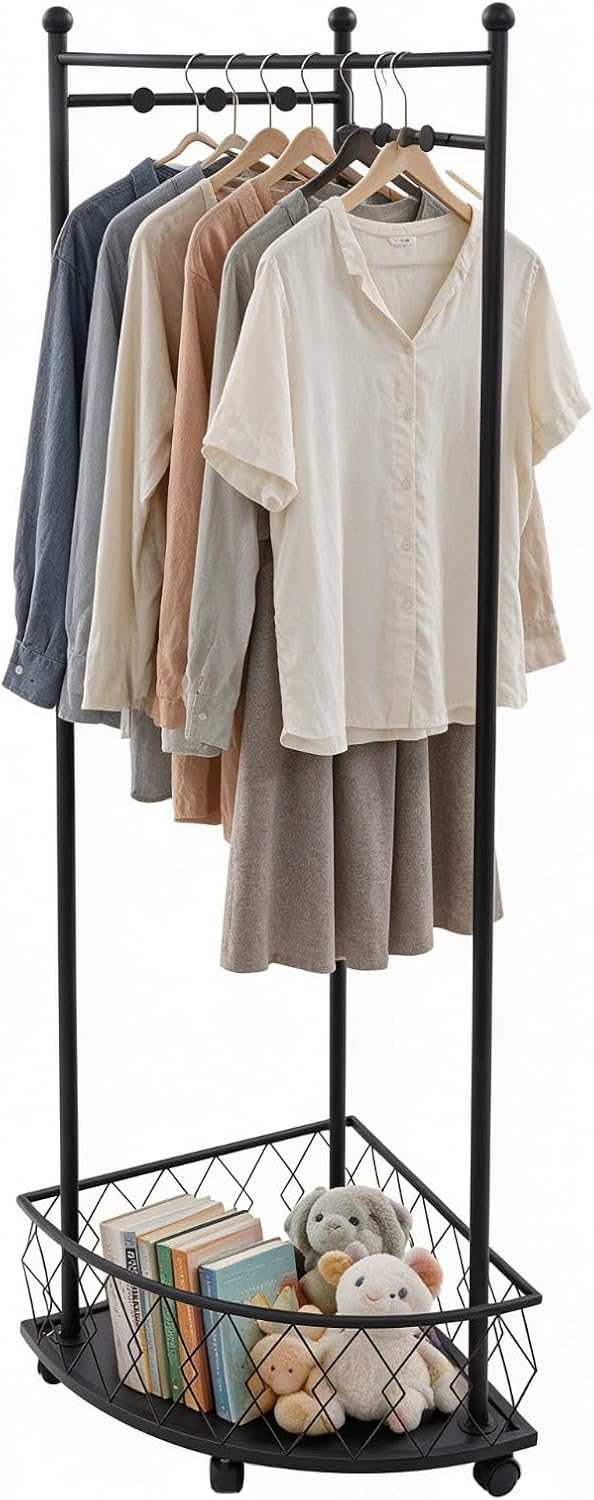 Modern Corner Clothes Rack with Bottom Shelf and Hooks, Black Steel