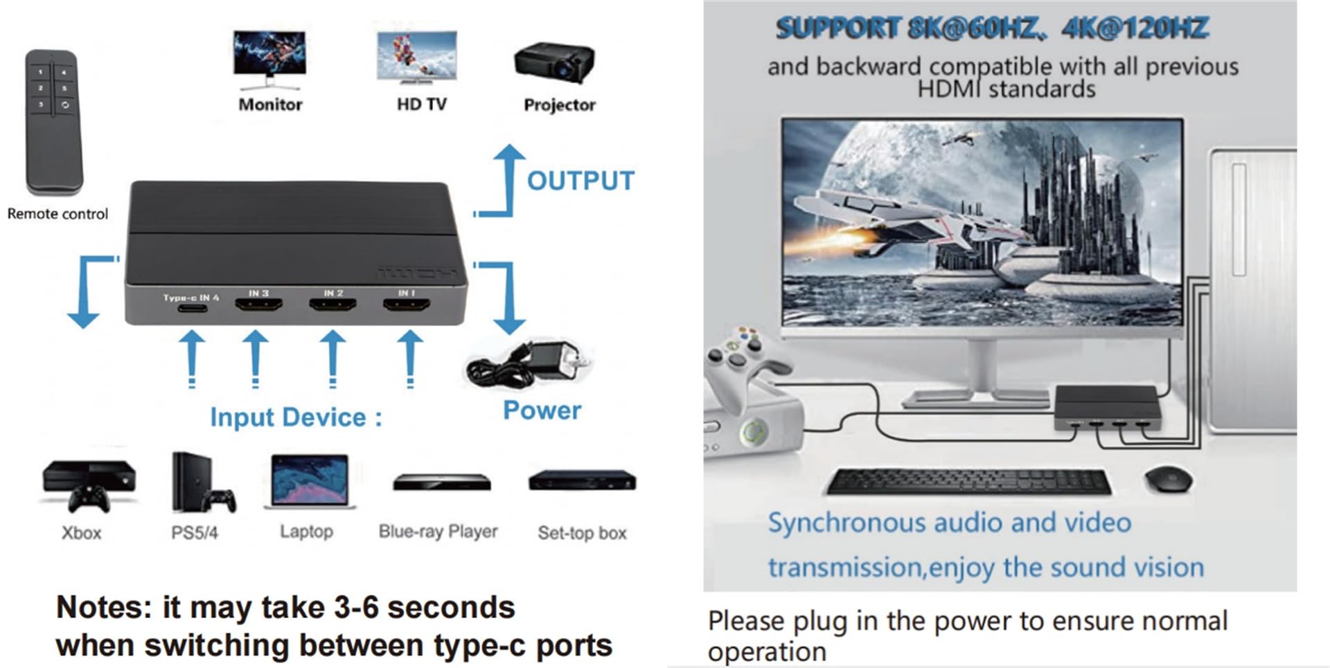 Przełącznik HDMI 2.1 kompatybilny z 8K 60 Hz i 4K 120 Hz, 5 wejść i 1 wyjście z 3 portami HDMI i 2 portami typu C, konwerter do Xbox, PS5 i monitorów.