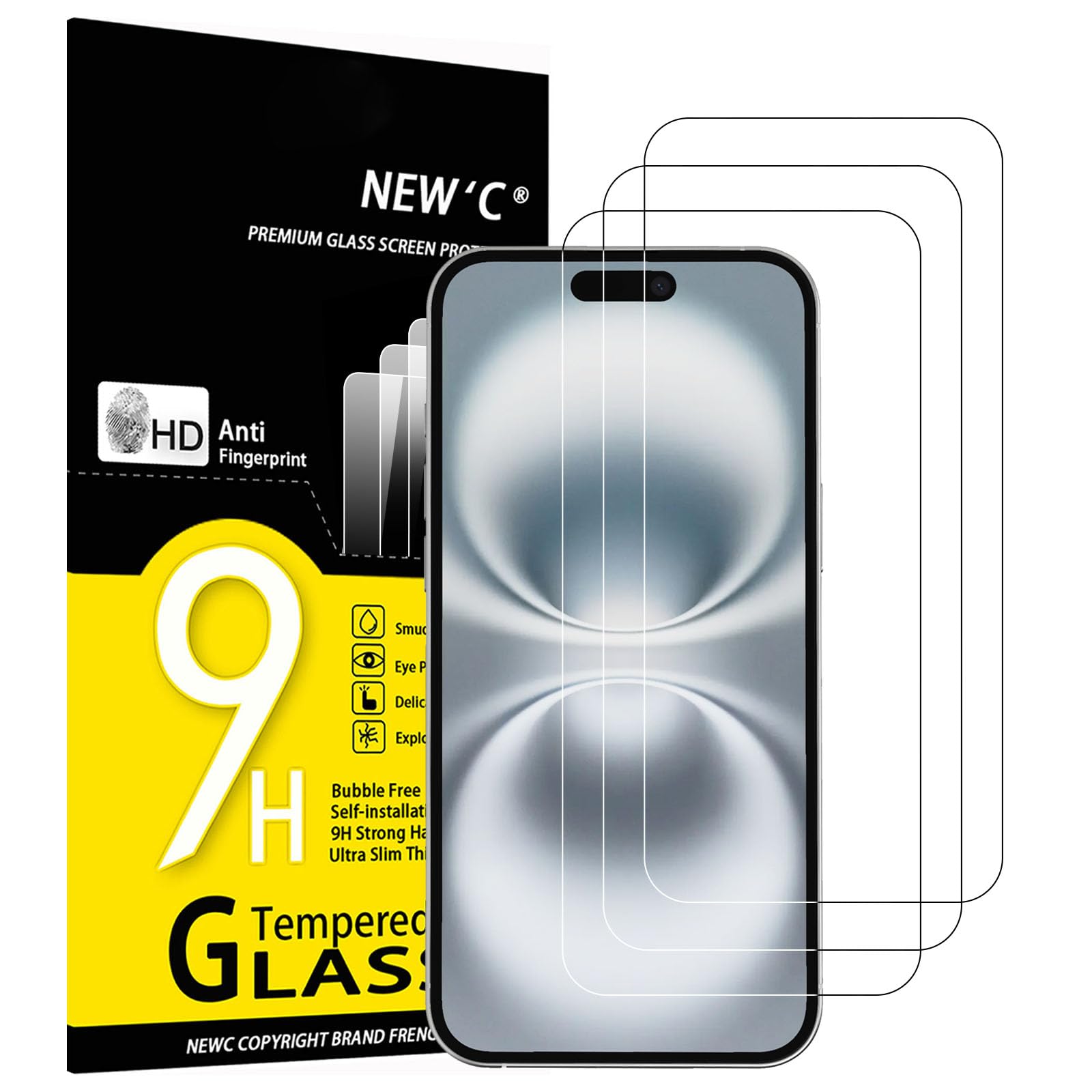 NEW'C 3 Pezzi, Vetro Temperato per iPhone 16 Plus (6,7"), Pellicola Prottetiva, Senza Bolle, Durezza 9H, 0,35mm Ultra Trasparente, Ultra Resistente