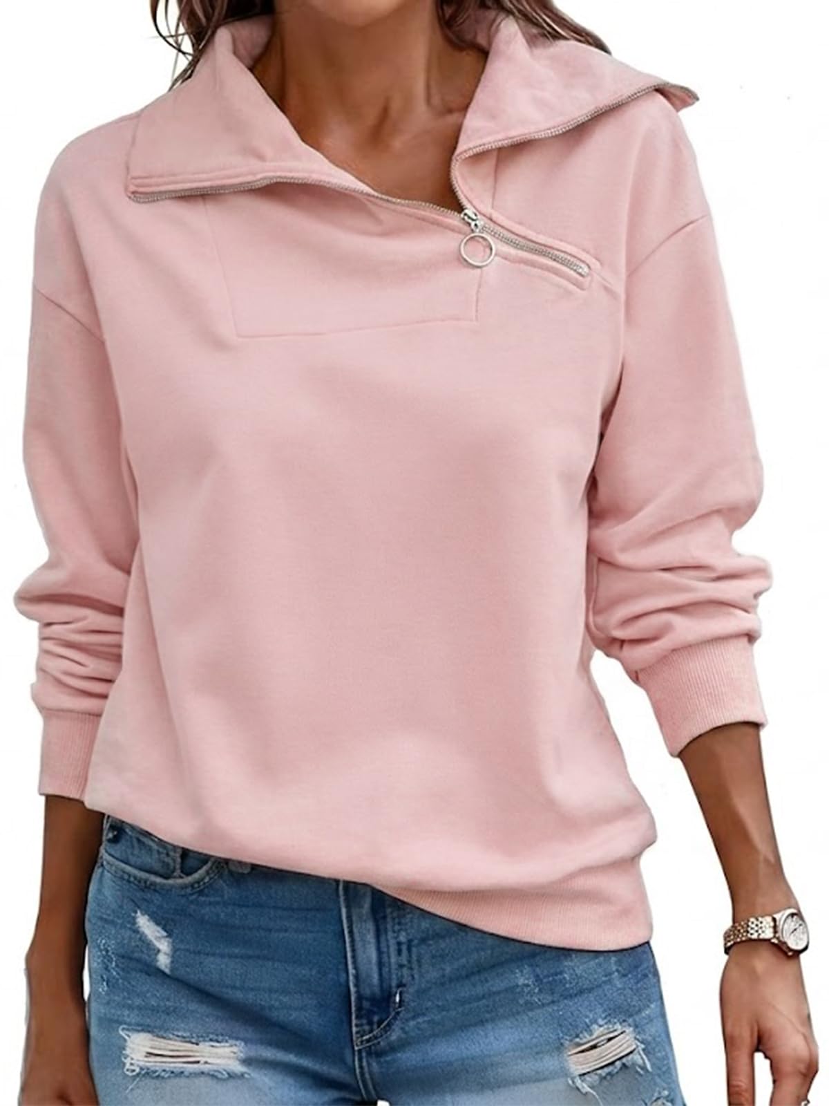 Cuptacc Pullover Damen Sweatshirt Herbst Quarter Zip Langarm Oberteile | Herbst,Winter,Quarter Zip,Stehkragen,Rollkragen,Casual,Elegant,Lässig,Schicke,Loose,Einfarbig,Baisc,Modische