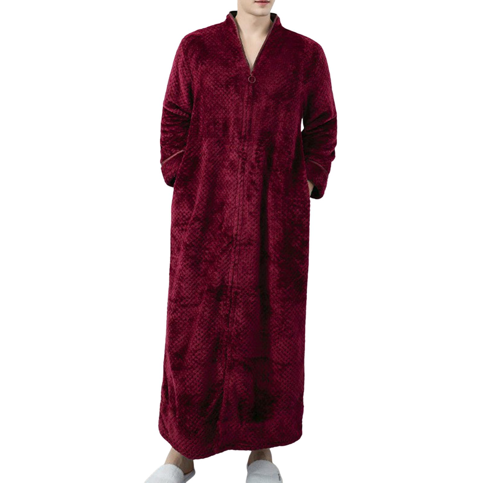 Generisch Accappatoio da uomo lungo, invernale, caldo, con scollo a V, in pile, per sauna, con chiusura lampo, per casa, lounge, kimono