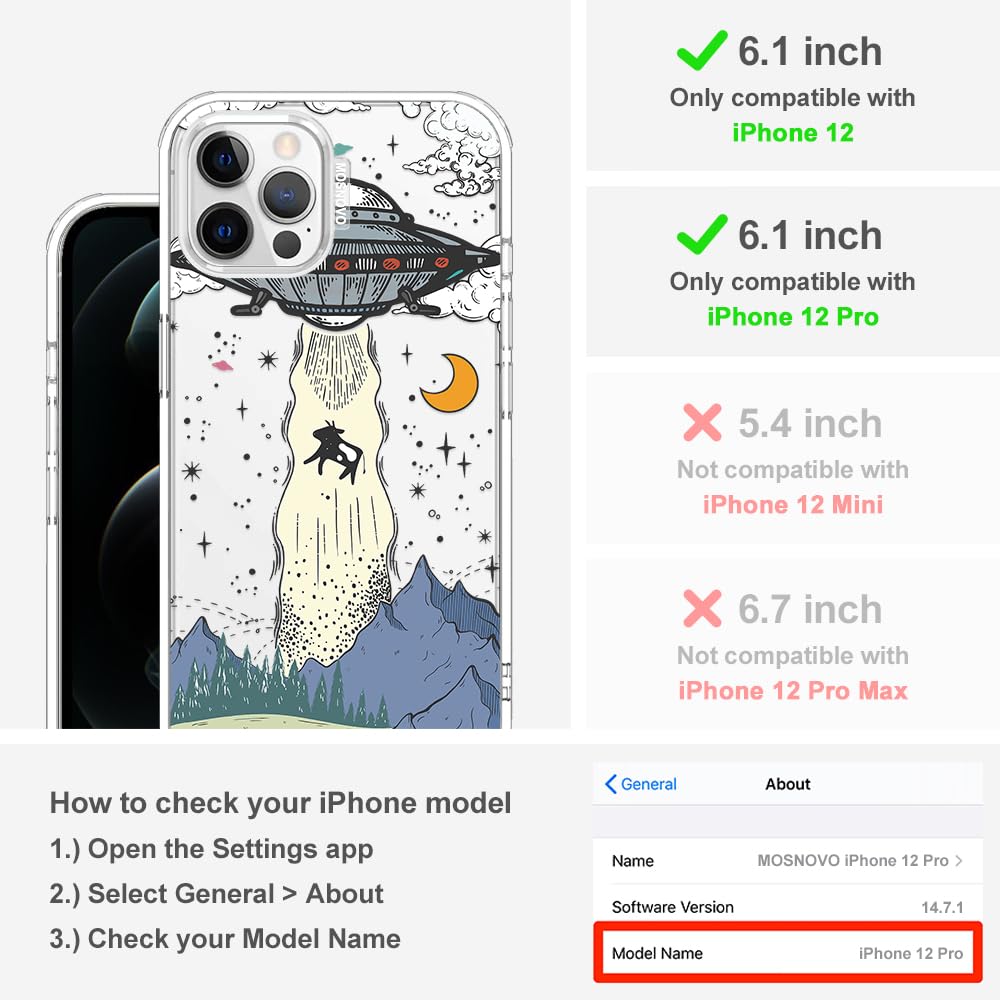 MOSNOVO Case for iPhone 12 & iPhone 12 Pro, [Buffertech 6.6ft Military-Grade Drop Protection] [Anti Peel Off Tech] Clear TPU Bumper Phone Case Cover Design - UFO — view 2