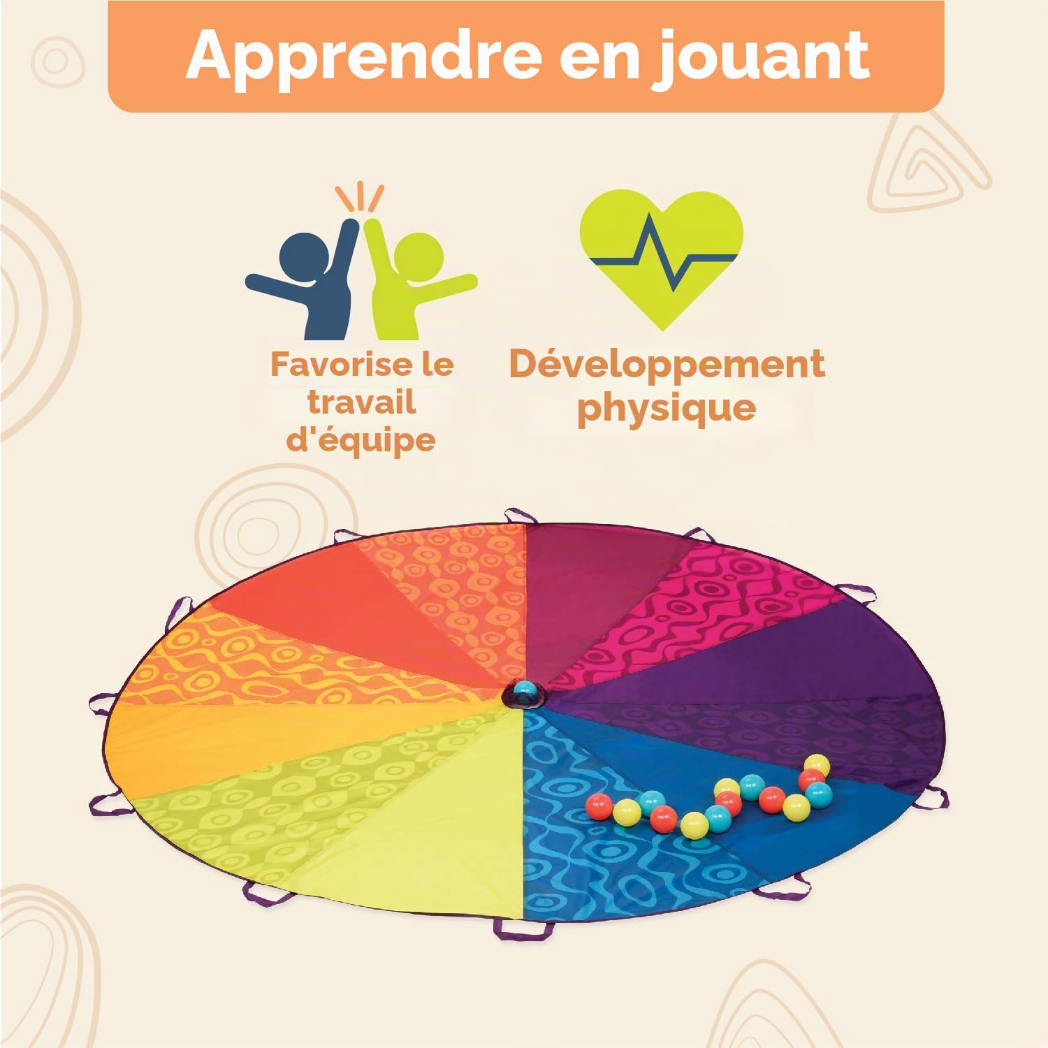 B. toys Woo-Hue Parachute, Parachute de Jeu Arc-en-Ciel, 2,44 m, Lot de 16 | 15 balles colorées, 12 poignées tissées, guide de jeux pour la cour et le parc, fort ou tente à vent, Parachute, 3 ans et +