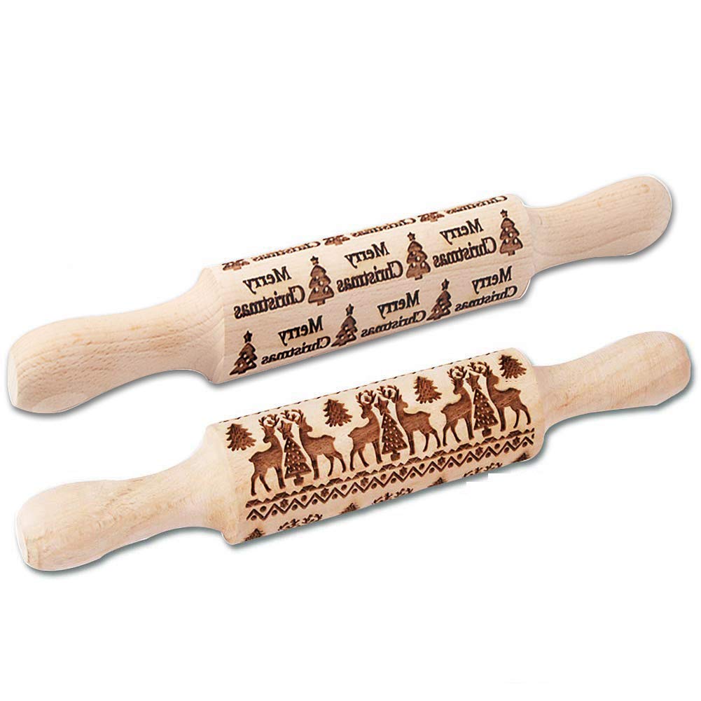 Christmas Wooden Rolling Pins - Engraved Embossing Rolling Pin with Christmas Deer Pattern for Baking Embossed Cookies,Rolling Pin Kitchen Tool (2 Pcs)