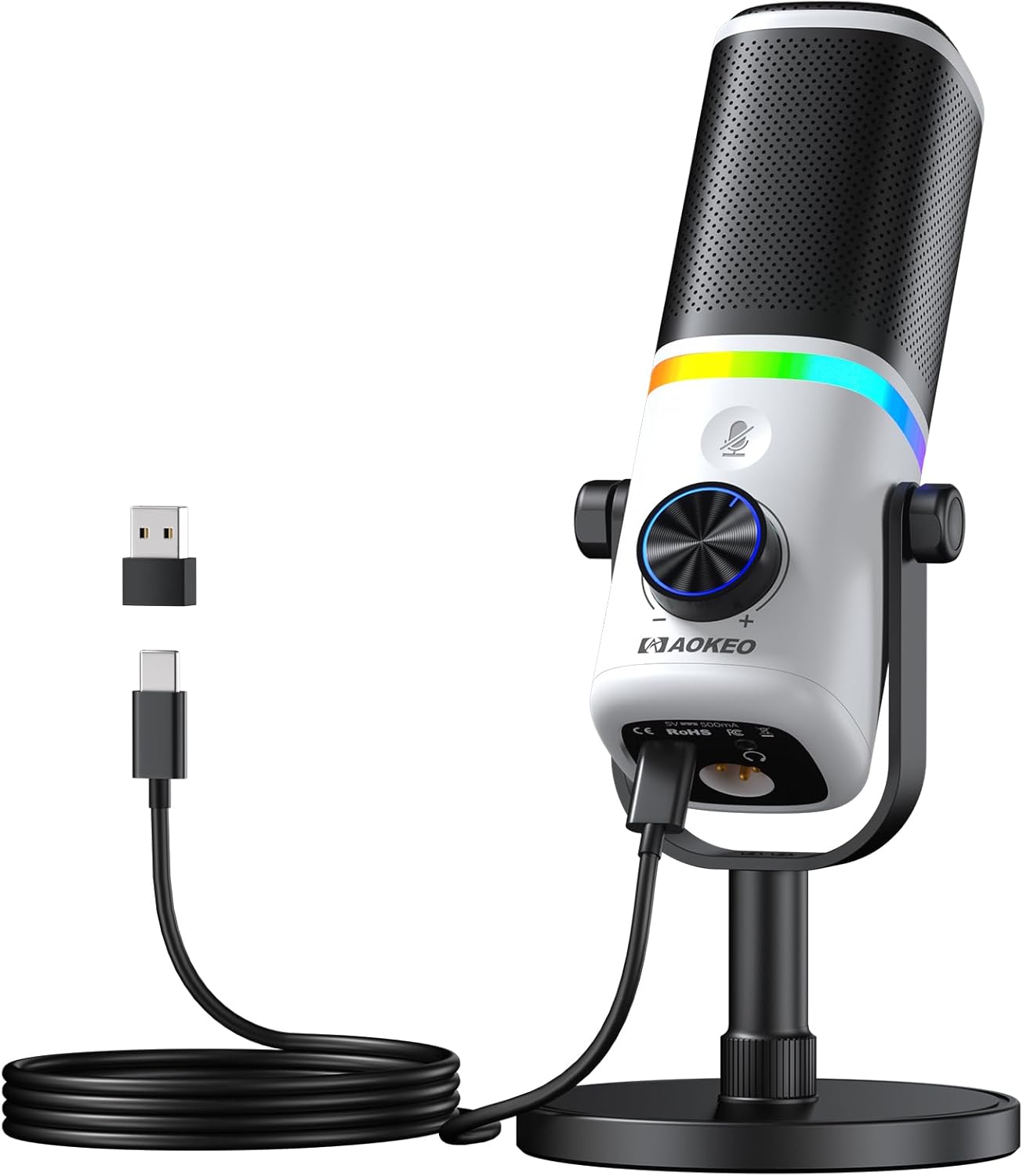 Aokeo Microphone for PC, AK-10 USB/XLR Dynamic Desktop Microphone for Gaming,Podcast,Streaming with RGB Light,Volume Control,Mute Button,Noise Reduction(White)