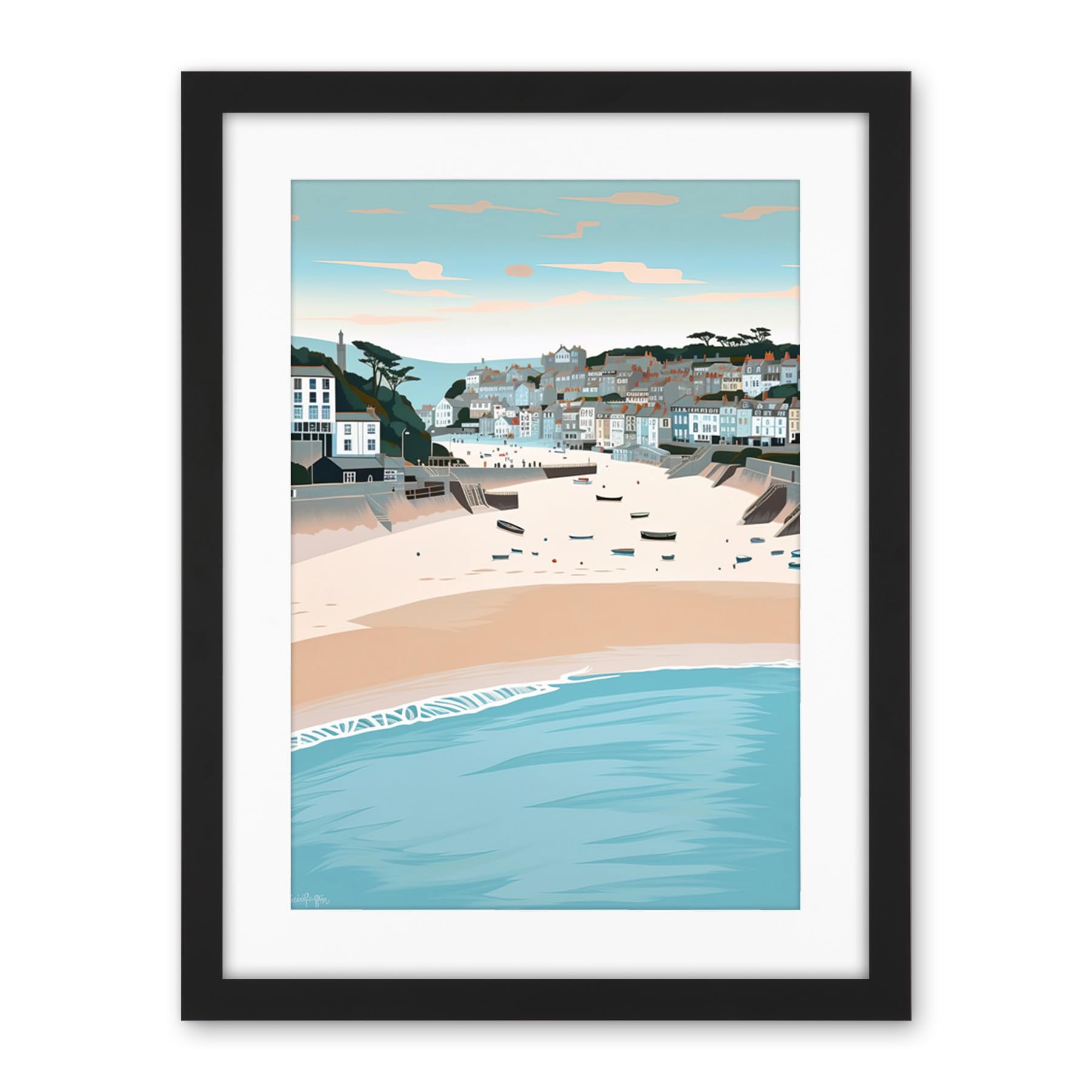 Artery8 St Ives Bay Summer Pastel Colour Coastal Cityscape Artwork Framed Wall Art Print 18X24 Inch