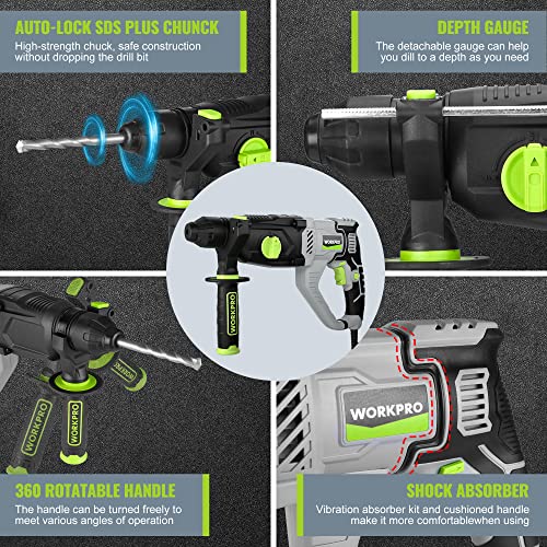 Image of WORKPRO 1-1 /4 Inch SDS-Plus Rotary Hammer Drill, 7.5AMP, Lightweight Corded Version for Concrete Demolition Chipping Rotomartillo, 5 SDS-Plus Bits