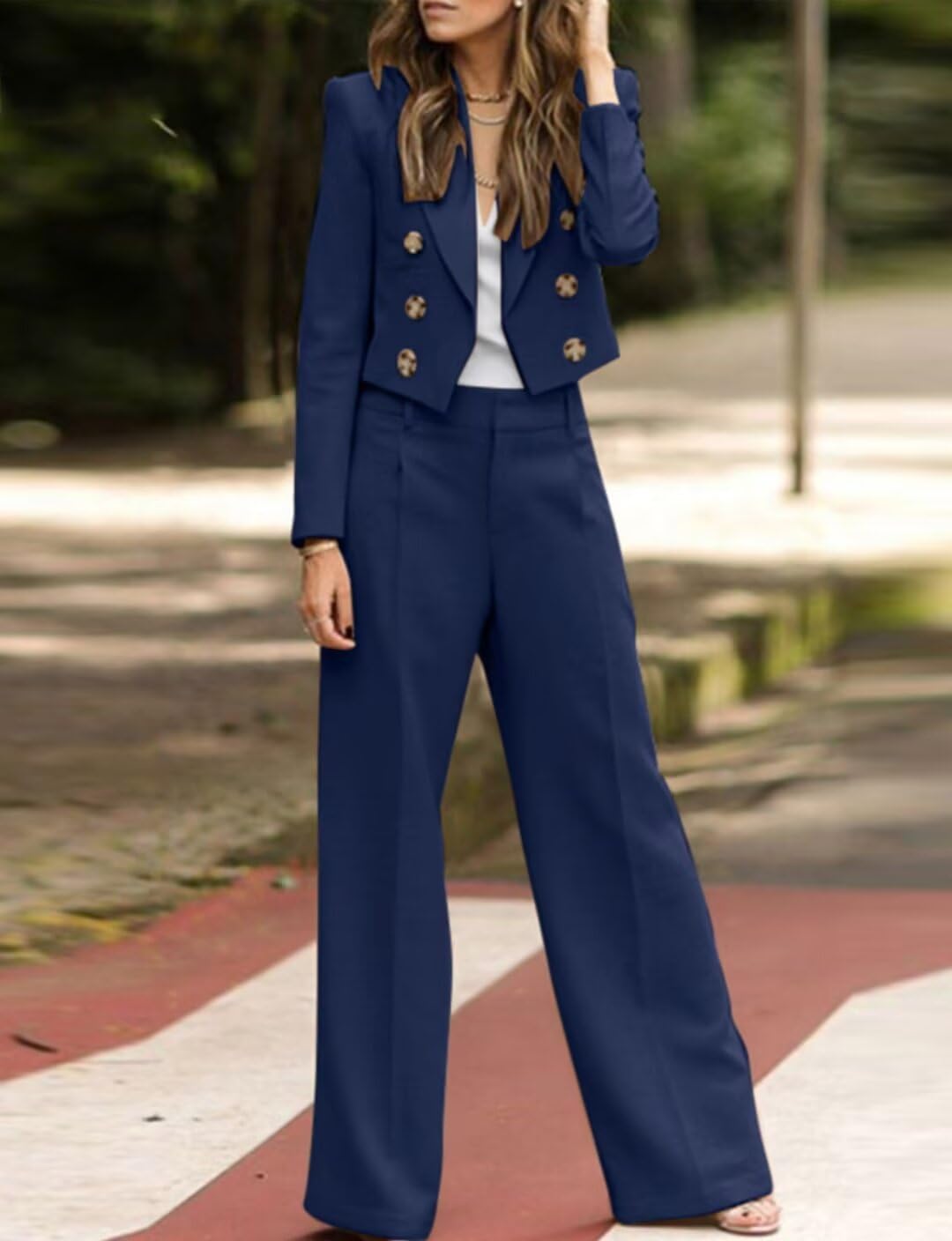 Women's Casual Suit Double Breasted Cropped Jacket High Waisted Wide Leg Work Pants Two Pieces Outfits Set