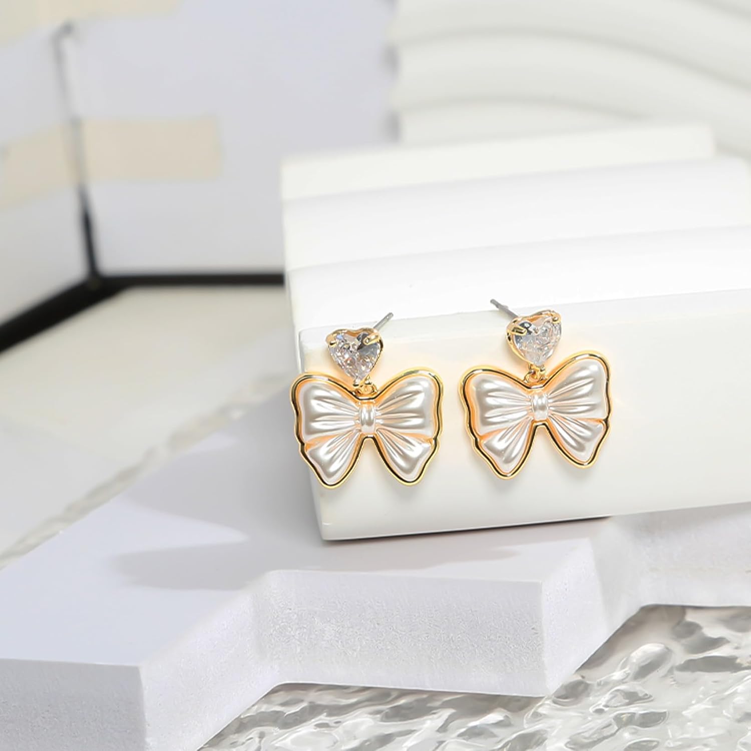 HETICA Gold Bow Earrings for Women, Heart Shaped Cubic Zirconia Stud Drop Bow Earrings Cute Sparkly Jewelry Gifts for Women - Image 5