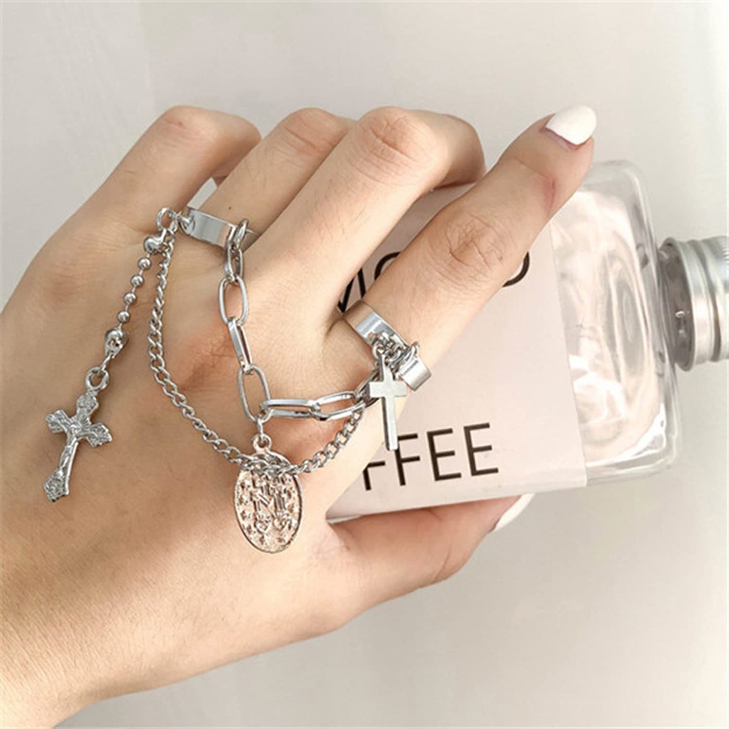 Plated Toned Cross Chain Ring Set
